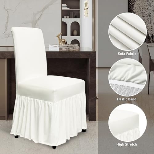 molasofa Chair Covers for Dining Room Set of 2 Stretch Chair Slipcovers with Skirt for Kitchen Seat Protectors Wedding Banquet Decor Kids Pets Spandex Fabric Washable (2pcs, Cream)