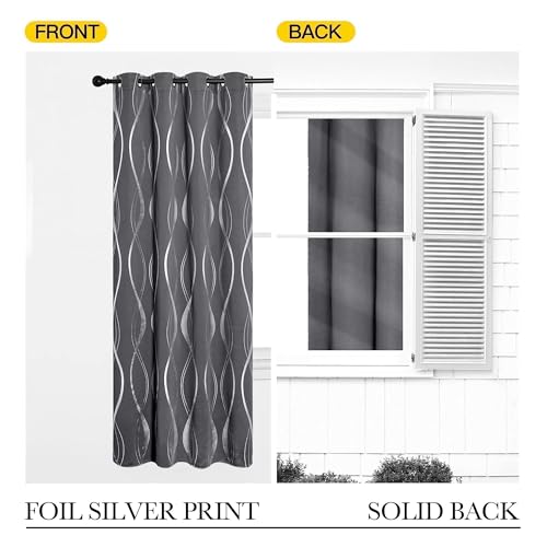 NICETOWN Grey Blackout Striped Pattern Curtains for Living Room 84 inch Long 2 Panels Set, Noise Reducing Thermal Insulated Wave Line Foil Print Bedroom Drapes for Patio Sliding Glass Door (52 x 84)