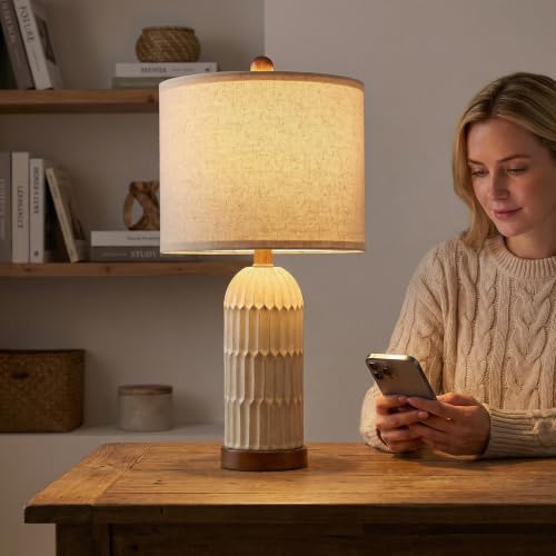 22.5" Bedside Table Lamps Set of 2, Farmhouse Table Lamp with USB A+C Charging Ports,Vintage Nightstand Lamp for Bedrooms and Living Rooms, Retro Resin End Table Lamp, Beige and Brown