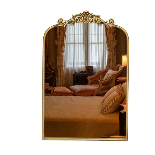 Gold Baroque Mirror Antique 16x24 Inches - Vintage Arched Mirror with Ornate Gold Frame for Entryway, Narrow Hallway & Bathroom Wall Decor