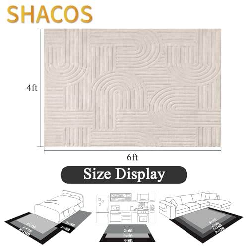 SHACOS Soft Cozy Fluffy Arch Pattern High Low Pile Area Rugs 4'x6' Non Slip Washable Scandinavian Minimalist Rug Modern Geometric Arc Carpet for Living Room Bedroom Dining Room, Beige