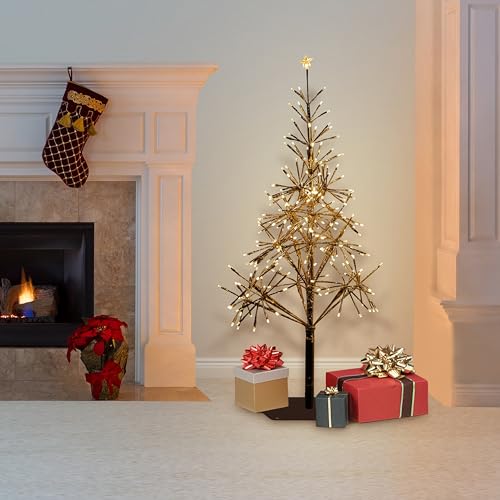 Alpine Corporation 53" H Indoor Outdoor Festive Artificial Christmas Tree with Warm White LED Lights, Gold