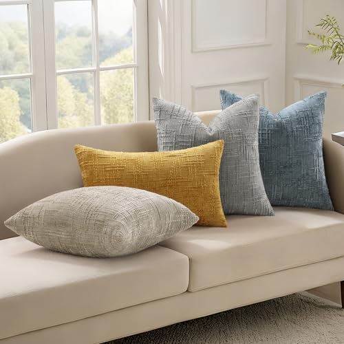 decorUhome Textured Chenille Throw Pillow Covers 12x20 Set of 2 Light Brown