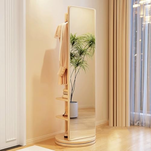 Floor-Standing Solid Wood Rotating Coat Rack，360° Rotating Full Length Mirror with Coat Rack - Solid Wood Freestanding Dressing Mirror with Hanging Hooks - Stylish Clothes Hanger for Bedroom