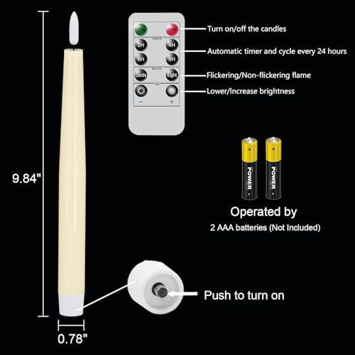 GenSwin Flameless Taper Candles with Remote Timer, Real Wax LED Flickering Candlesticks Battery Operated 3D Wick for Wedding, Party, Home(Ivory, 9.84", Set of 3)