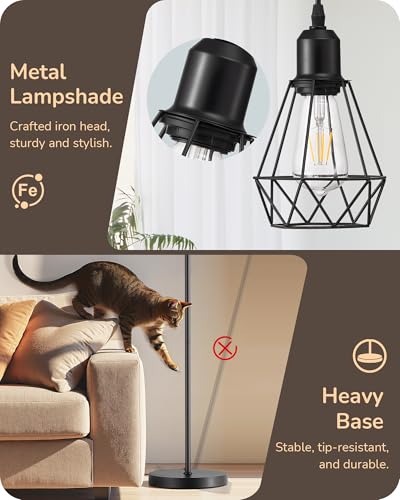 EDISHINE 70IN Farmhouse Floor Lamps for Living Room, Dimmable Industrial Tall Standing Lamps 3 LED Edison Bulbs Included, Diamond-Shaped Cage, Rustic Tree Corner Light for Bedroom, Office, Black
