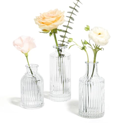 ComSaf Glass Bud Vases Set of 3, Small Flower Vases in Bulk, Mini Ribbed Vases for Centerpieces, Clear Vintage Vase for Table Decorations, Wedding, Party, Receptions, Home Decor (Different Sizes)