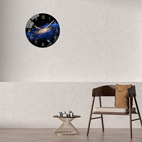 VIKMARI Black Wall Clock 12 Inch Round Silent Non-Ticking Quartz Battery Operated Wall Clocks Glass Night Sky Pattern Decorative Arabic Numerial Clock for Kitchen Living Room Dining Room and Bedroom