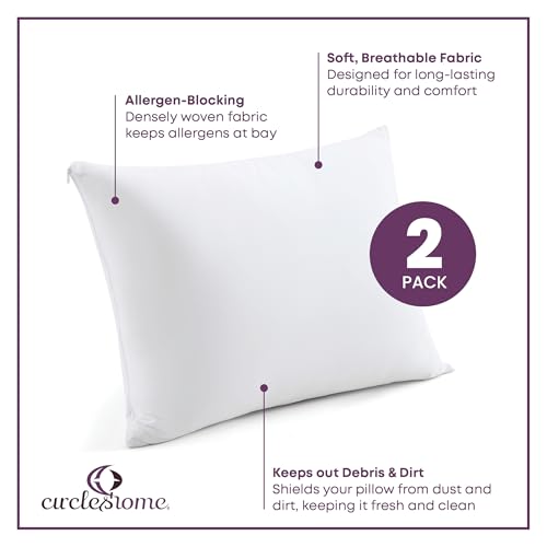 CirclesHome Pillow Protectors 2 Pack Standard Zippered - 100% Cotton Breathable Pillowcases - Protects Pillows from Dirt, Dust and Debri (Standard - Set of 2 - 20x26)