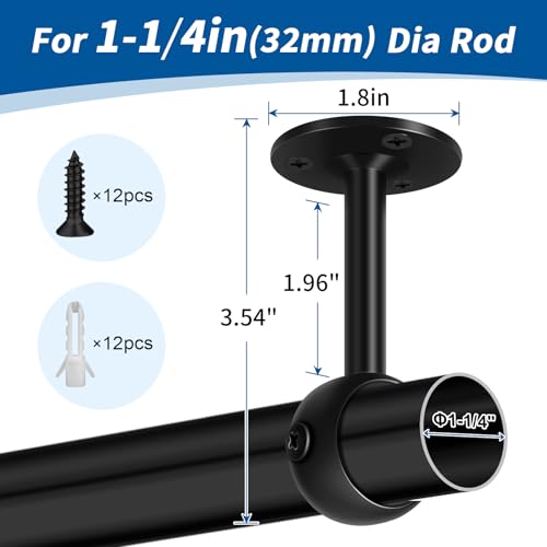 TOKPLNU Curtain Rod Brackets, Ceiling Heavy Duty Holders, Black 4 Pack Hooks Hangers for 1 1/4-Inch Drape Poles