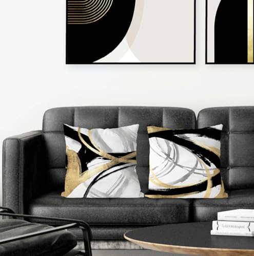 Black White and Gold Pillow Covers, Abstract Black and Gold Pillow Covers 18x18 Set of 2, Modern Boho Home Decor, Black and Gold Decorative Throw Pillows Cover for Couch Living Room Bedroom