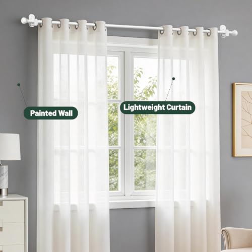 USFOOK Curtain Rods No Drilling 32 to 58 Inches, 5/8 Inch No Drill Curtain Rods for Windows with 3M Adhesive Brackets, Renter Friendly Drapery Pole with White Round Finials