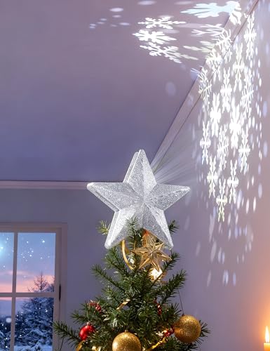 DG-Direct Christmas Tree Topper Lighted Star [Silver],3D Hollow Sparkling Star Christmas Tree Topper with Rotating Magic Cool White Snowflake Projector for Christmas Tree Ornament (Silver)