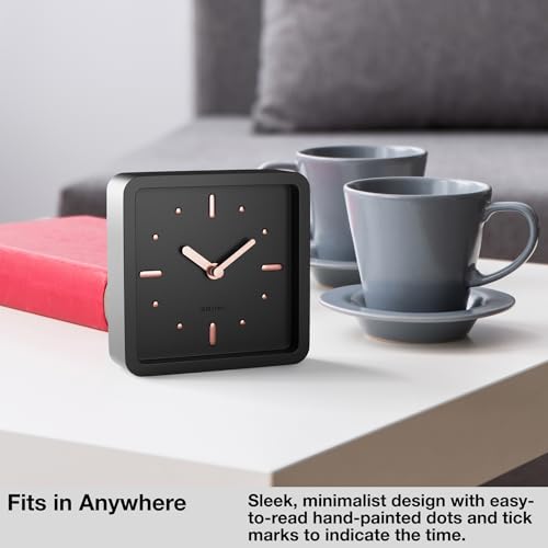 Driini Modern Mid Century Desk & Shelf Clock (Black Rose Gold) - Battery Operated with Silent, Analog Movement – Small Tabletop Clocks for Office – Perfect for Mantle, End Table, Desktop or Nightstand