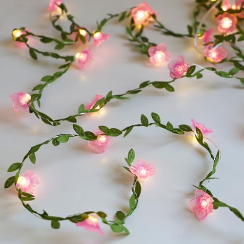 Cherry Blossom Decor Flower String Lights Vines with Fairy Lights Christmas, 30 LED Copper with Remote Control Battery Operated Pink Flower Garland Leaf for Locker,Bedroom, Wall,Christmas Decorations