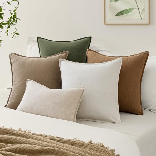 EMEMA Decorative Linen Throw Pillow Covers 22x22 Inch Natural Beige Boho Farmhouse Neutral Couch Throw Pillows for Bed Pack of 2 Accent Pillowcase Modern Sofa Cushion Livingroom Home