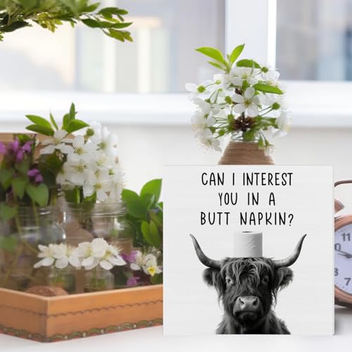 Funny Highland Cow Bathroom Decor, Can I Interest You in A Napkin Wooden Box Sign, Cute Cow Bathroom Accessories Restroom Decor, 5×5 Inches