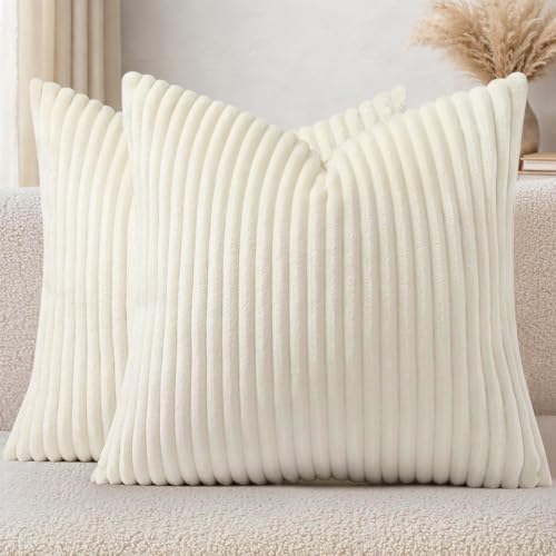 Simmore Decorative Throw Pillow Covers 18x18 Set of 2, Soft Natural Plush Flannel Double-Sided Fluffy Couch Pillow Covers for Sofa Living Room, Cream White