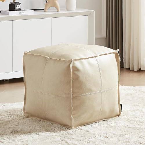 Louis Donné Square Pouf Ottoman Cover, Beige Faux Leather, 17.7 x 17.7 x 17.7 Inches, Unstuffed, Cover Only, No Filler Included