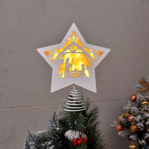 GHOSTMAGIC Christmas Tree Topper Star Nativity 7.87 x 9.25 inches Wooden Xmas Tree Top Star with 3 Modes LED Light Treetop Decoration for Christmas Bar Shop Office Home Decor (White)