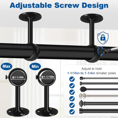 TOKPLNU Curtain Rod Brackets, Ceiling Heavy Duty Holders, Black 4 Pack Hooks Hangers for 1 1/4-Inch Drape Poles