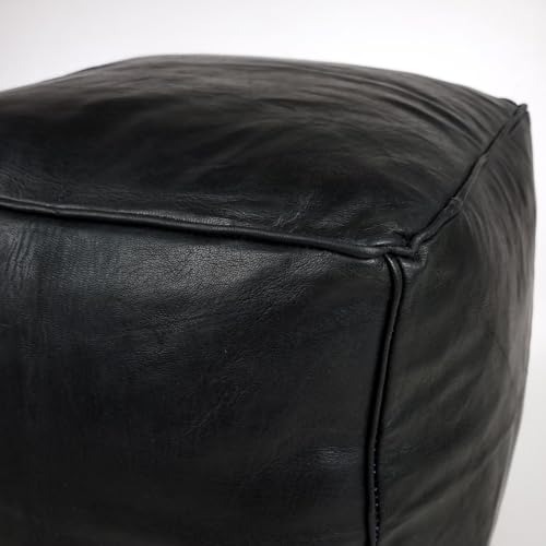 Handmade Moroccan Square Leather Pouf – Delivered Unstuffed – Ottoman, Footstool, Footrest, Hassock, Floor Cushion – Versatile Artisan Accent (Oiled Black)
