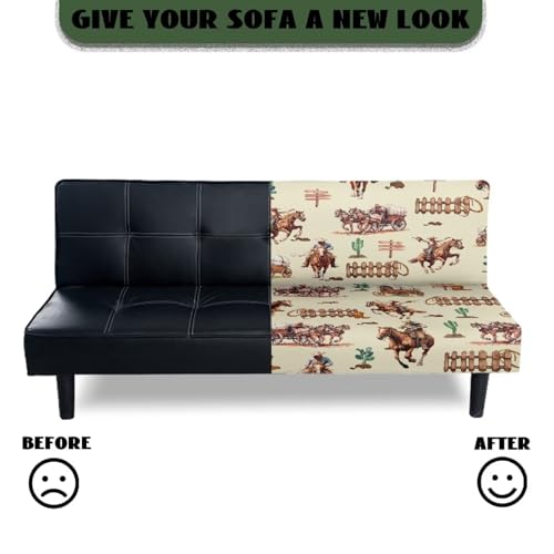 Suobstales Horse Cactus Cowboy Pattern Futon Slipcover Armless Sofa Cover Stretch Furniture Protector for Foldable Couch Bed with Elastic Bottom for Living Dining Room