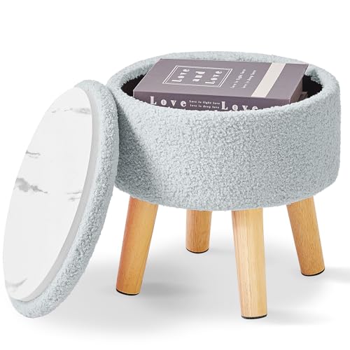 IBUYKE Small Foot Stool Ottoman with Storage, Round, Gray-Blue