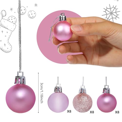24pcs Mini Pink Shatterproof Christmas Ball Ornaments, 1.18 Inch Plastic Christmas Tree Decorations, Shiny Matte Glitter Ornaments for Pastel Tree Wreath Garland Holiday Party Decor