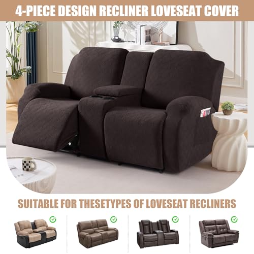 VANSOFY Recliner Loveseat Cover with Middle Console Stretch Reclining Sofa Slipcover for 2 Seat Jacquard Reclining Couch Sofa Covers Furniture Protector with Elastic Straps Bottom(Chocolate)