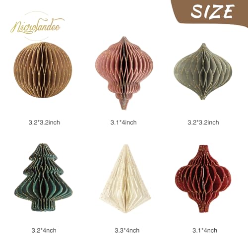 NICROLANDEE Christmas Party Decorations - 6 PCS 3D Mini Glitter Edge Paper Honeycomb Lantern Green, Red, Brown, Ivory, Gray Hanging Ornaments for Christmas Tree Décor, New Years Party, Home Decor