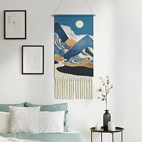 Alynsehom Macrame Woven Wall Hanging Tapestry Boho Wall Art Moon Mountain Chic Home Decor Bohemian Aztec Apartment Dorm Room Backdrop Decoration (Blue)