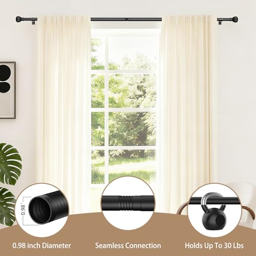 Curtain Rods for Windows 20.77 to 92.85 Inches, 1" Diameter Adjustable Black Curtain Rod, Window Treatment Rods with Round Finials, Easy Mount Hardware Included (46.77-96.85 Inches)