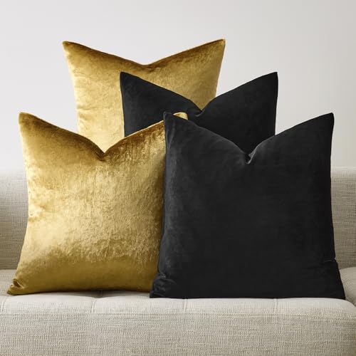 GIGIZAZA Decorative Throw Pillow Covers 18 x 18,Gold Black Soft, Set of 4 Square Velvet Cushion Covers