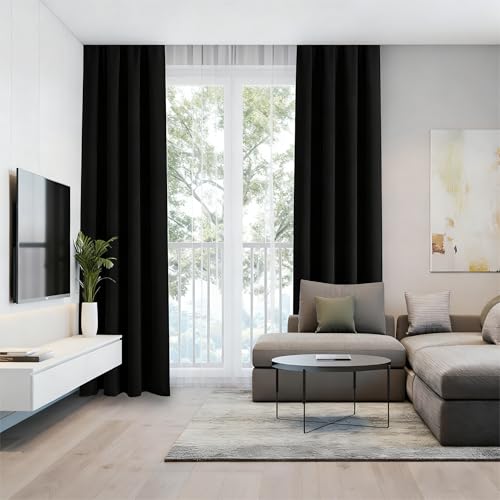 IGEMAEVE Black 100% Blackout Curtains 84 Inch Length 2 Panels Set, Black Out Curtains for Bedroom 84 Inch Long, Rod Pocket Energy Saving Room Darkening Drapes for Living Room Dining Room Window