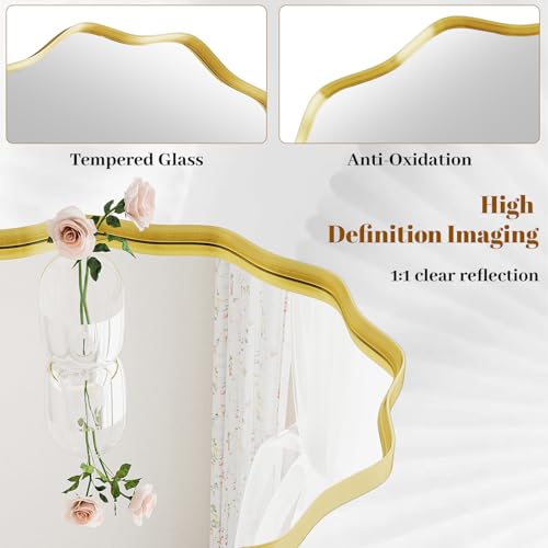 Round Wavy Mirror, 30 Inch Metal Frame Circle Mirror, Round Wall Mounted for Entryway, Bathroom, Vanity, Living Room, Gold