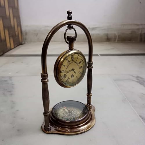 Vintage Nautical Clock and Compass Stand, Antique Bronze, Double-Sided Ship Time Clock with Decorative Base, Maritime Desktop Decor
