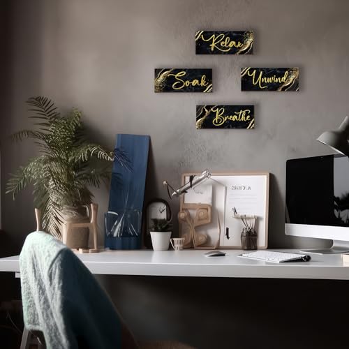 ONIZHITY 4 Pcs Black and Gold Bathroom Decor Black Gold Wall Decor Relax Soak Unwind Breathe Wooden Rustic Marble Style Bathroom Accessories for Bedroom Living Room Decor Kitchen(10X4)