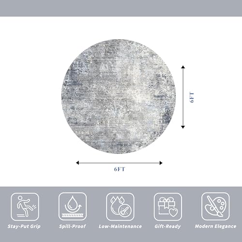Round Area Rug 6ft Washable - Non-Slip Circle Rug for Living Room Kitchen Table,Dining Room,Bedroom - Modern Abstract Neutral Low Pile Soft Circular Carpet (Blue Gray,6x6)