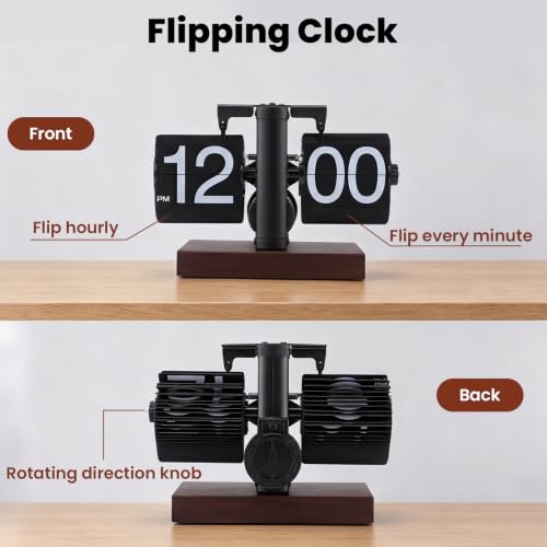 VINGVO Digital Flip Down Clock, Retro Flip Desk Clock, Battery Operated Mechanical Clock, Internal Gear Operated Time Clocks for Home Room Office Desk & Shelf Decoration (Black)
