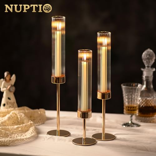 NUPTIO Hurricane Glass Candles Holder, 18 Pcs Gold Taper Candle Holder Bulk