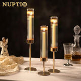 NUPTIO Hurricane Glass Candles Holder, 18 Pcs Gold Taper Candle Holder Bulk