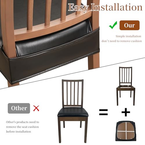 Waterproof Dining Chair Seat Covers Leather Kitchen Seat Covers, Stain Resistant Stretch Chair Seat Covers for Dining Room Chairs Set of 4, Rear Covered Washable Dining Chair Covers Black