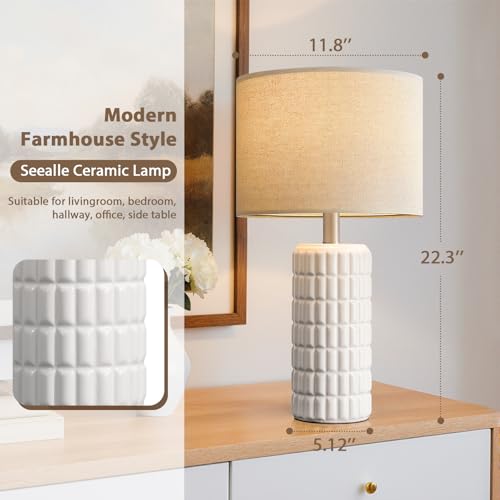 Seealle 23" Modern Ceramic Table Lamps Set of 2 - Table Lamps for Living Room, Farmhouse Bedside Night Stands Lamp for Bedroom, White Nightstand Lamps Set of 2, Desk Lamp for End Table Home Decor