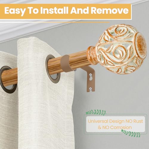 1 Inch Wood Curtain Rod For Windows 48 to 84 Inches, Heavy-Duty Adjustable Decorative Imitation Wood Grain Boho Curtain Rod With Rattan Leaf Hollow Finials For Bedroom 、 Living Room and Famhouse