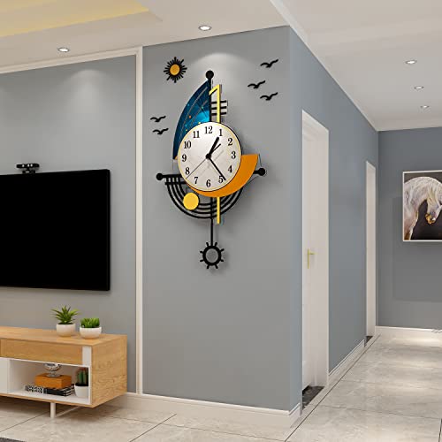 YISILE Modern Wall Clock Battery Operated 23 Inch Large Boat Design Pendulum Wall Clocks for Living Room Decor 3D Silent Clock Wall Decor Sticker Non Ticking for Bedroom Office Home Kitchen Decoration