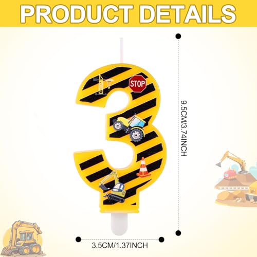 Construction Birthday Candle, Happy Birthday Candles Numbers Construction Cake Topper Yellow and Black Striped Candles for Boys Construction Birthday Party Supplies Decorations (Number 3)