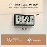 EASYERA 15'' Large Digital Wall Clock Battery Operated, Atomic Clock with Indoor Temperature and Humidity, Self-Setting with Auto DST, for Kitchen, Classroom, Living Room (Batteries Not Included)