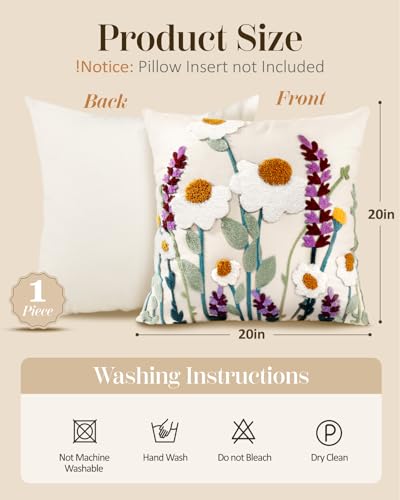 Embroidered Throw Pillow Cover, 20x20 Inch, Wildflower