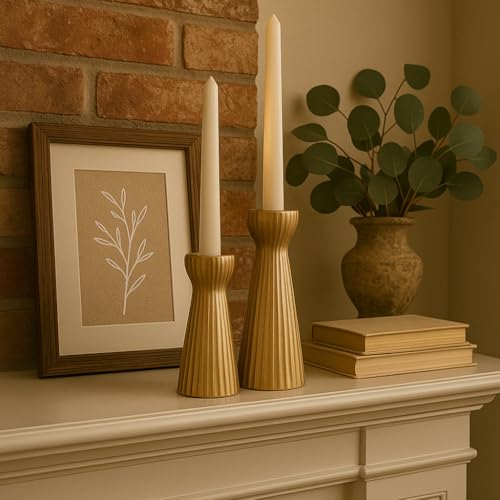 Taper Candle Holders Set of 2, Ceramic Candlestick Holder Home Decor Golden